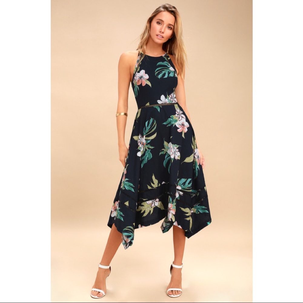 You and Lanai Navy Blue Tropical Print Midi Dress